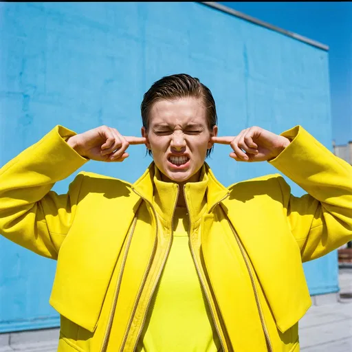 Model in Yellow Jacket Plugging Both Ears