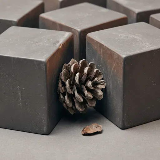 Pinecone Wedged Between Grey Cubes