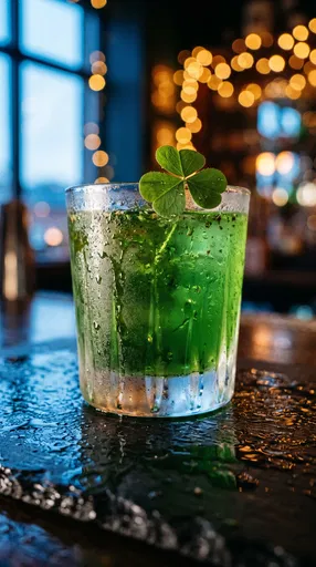 Green Cocktail With Four-Leaf Clover Garnish