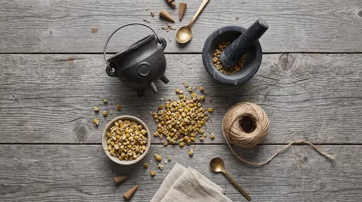Herbal Apothecary Flat Lay With Cauldron
