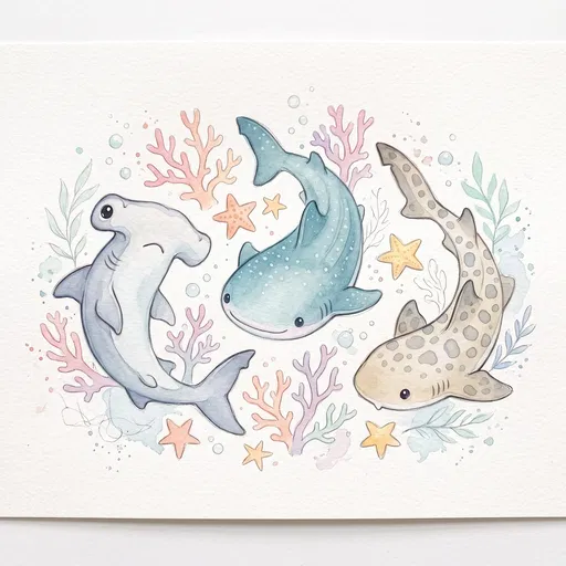 Pastel Watercolor Baby Sharks Illustration