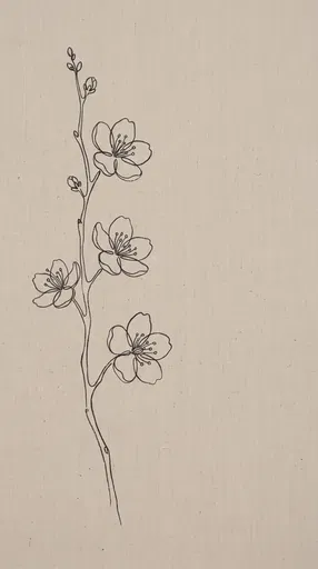 Minimalist Cherry Blossom Line Art on Linen