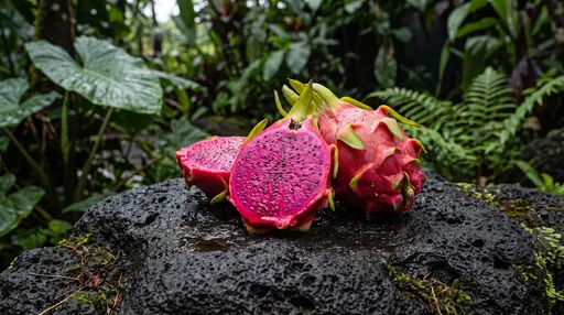 Red Dragon Fruit on Wet Volcanic Rock