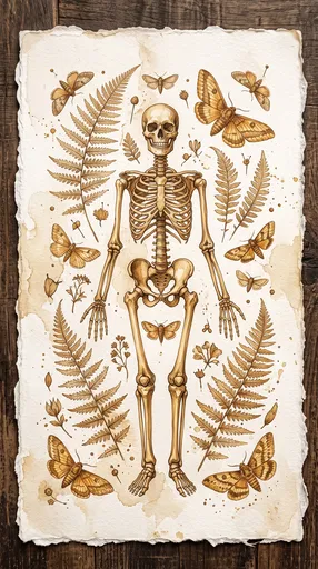 Sepia Watercolor Skeleton with Ferns and Moths