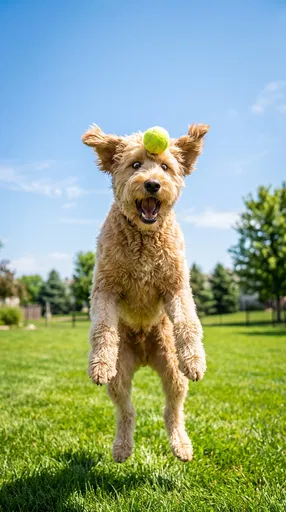 Goofy Goldendoodle Jumping With Tennis Ball
