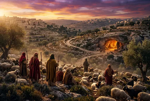 Shepherds Overlooking Glowing Nativity Cave at Sunset