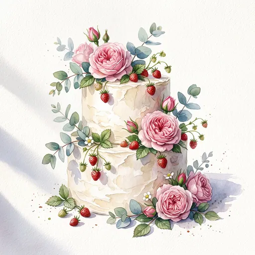 Watercolor Tiered Cake With Pink Roses