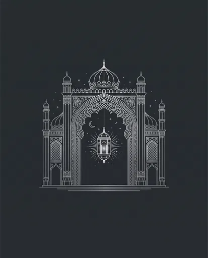Ornate Archway and Glowing Lantern Line Art