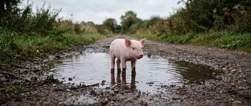 Pink Piglet Standing in Muddy Puddle