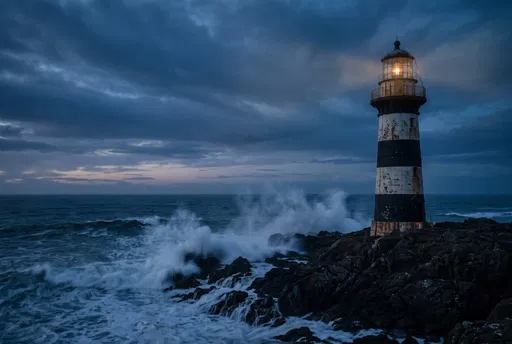 Illuminated Banded Lighthouse on Rocky Coast