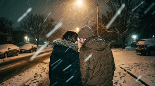 Couple Touching Foreheads in Falling Snow