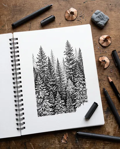 Ink Forest Drawing in Sketchbook Flat Lay