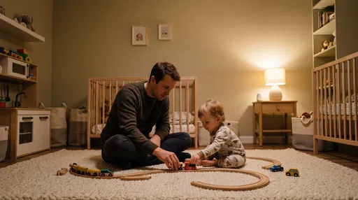 Father and Toddler Playing with Toy Trains