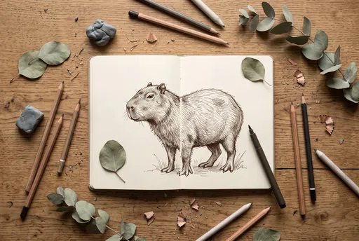 Capybara Sketch on Artist Wooden Desk