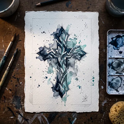 Watercolor Cross Tattoo Design on Paper