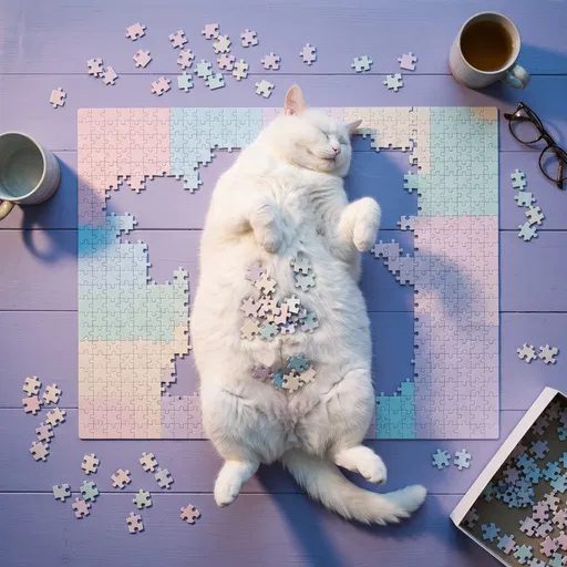 White Cat Sleeping on Pastel Jigsaw Puzzle