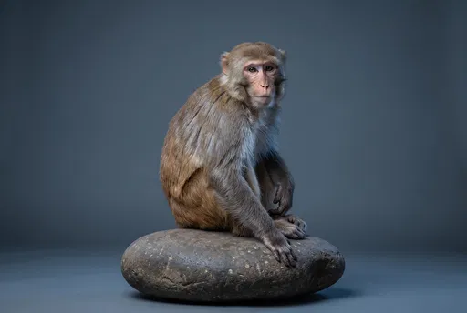 Studio Portrait of Rhesus Macaque on Stone