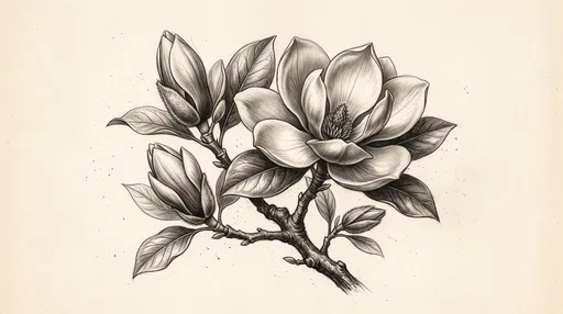 Botanical Graphite Drawing of Blooming Magnolia Branch