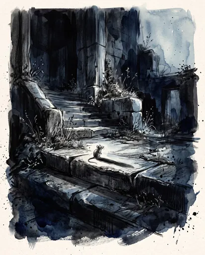 Mouse on Moonlit Stone Steps