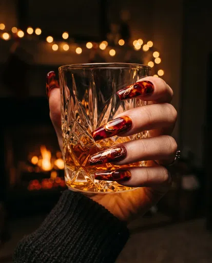 Hand With Tortoiseshell Nails Holding Crystal Glass