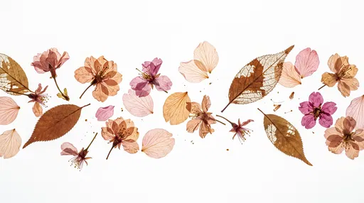 Pressed Cherry Blossoms and Leaves on White