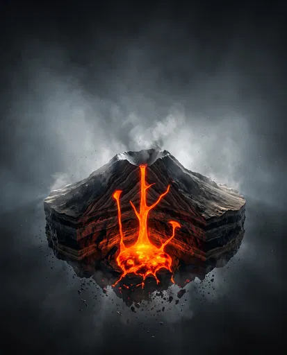 3D Stratovolcano Geological Cutaway with Magma