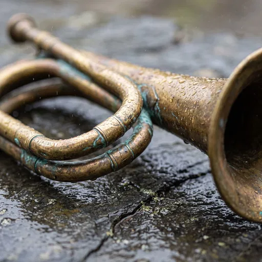 Weathered Brass Bugle on Wet Stone