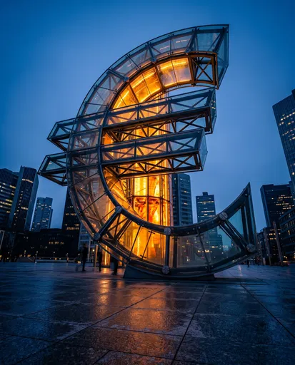 Illuminated Glass Euro Sculpture at Blue Hour