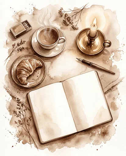Sepia Watercolor Morning Ritual Flat Lay