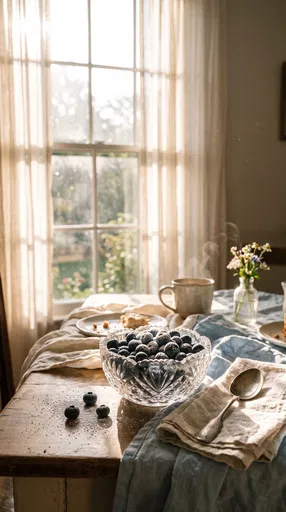 Sunlit Breakfast Table With Bowl of Blueberries