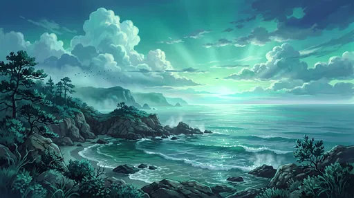 Teal Anime Coastal Cove Landscape