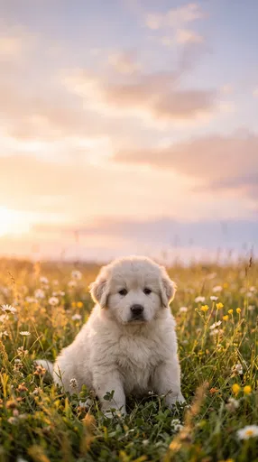 Fluffy White Puppy in Sunset Meadow
