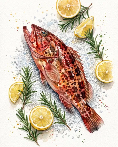 Watercolor Spotted Grouper With Lemon And Rosemary