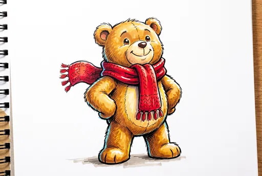 Marker Illustration of Teddy Bear in Scarf