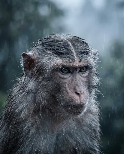 Rain-Soaked Macaque Portrait with Parted Fur