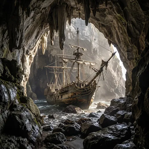 Weathered Pirate Ship Inside Sea Cave