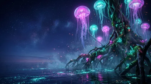 Bioluminescent Jellyfish Over Fantasy Mangrove Lagoon