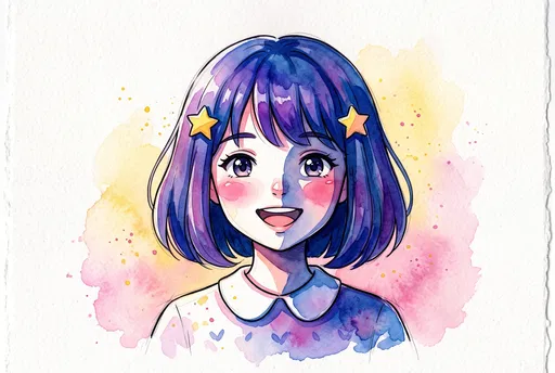 Watercolor Anime Girl Portrait With Star Hairpins