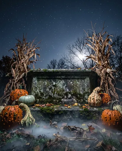 Mossy Stone Pedestal With Autumn Gourds