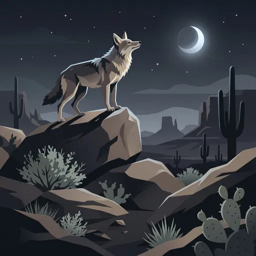 Coyote on Desert Boulder at Night Illustration
