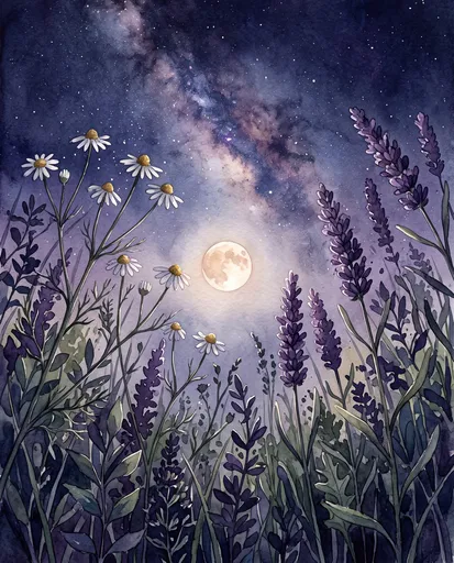 Watercolor Night Sky Over Chamomile and Lavender