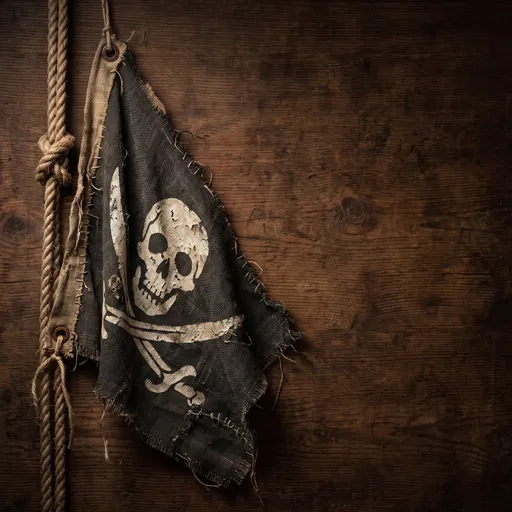 Distressed Burlap Pirate Flag on Wood Background