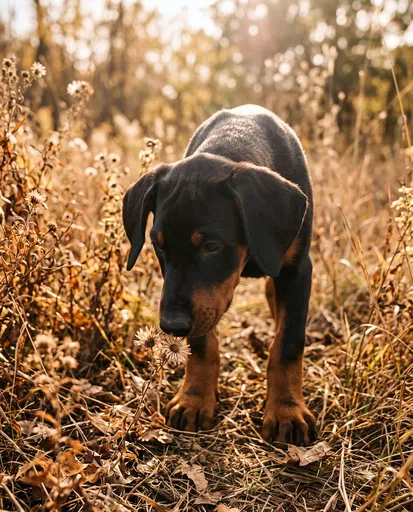 Doberman Puppy Sniffing Autumn Wildflower