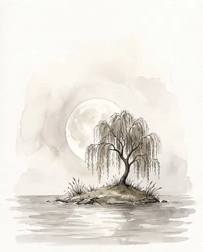 Watercolor Weeping Willow on Moonlit Island