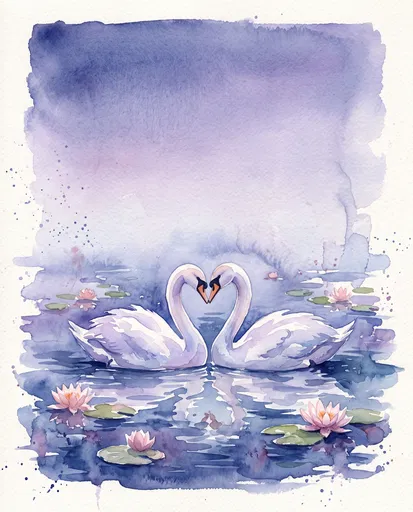 Watercolor Swans Forming Heart on Lake