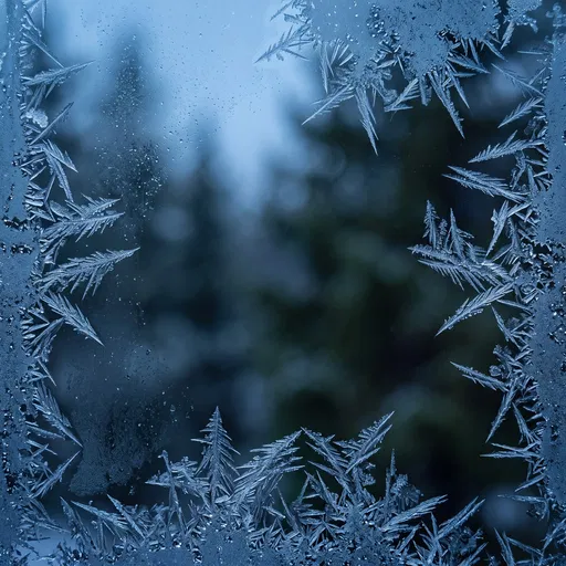 Frost Crystals Framing Blurred Winter Forest