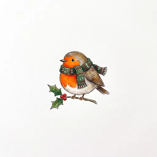 Robin Wearing Scarf on Holly Branch