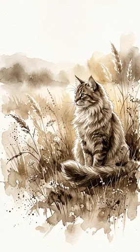 Sepia Watercolor Illustration of Long-Haired Cat