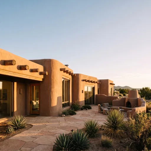 Santa Fe Adobe House Courtyard at Sunset