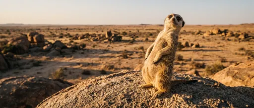 Meerkat Standing on Desert Rock at Sunset
